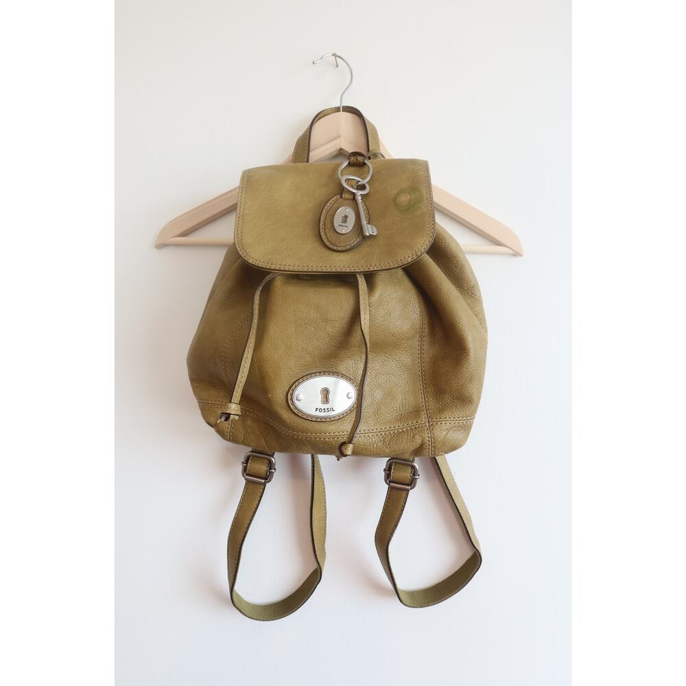 Fossil Green Leather Drawstring Backpack With Fossil Keychain